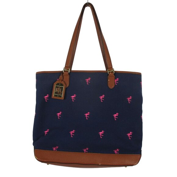 Rugby Ralph Lauren Handbags - Lauren Ralph Lauren Navy & Pink Flamingo with brown faux leather trims & straps
